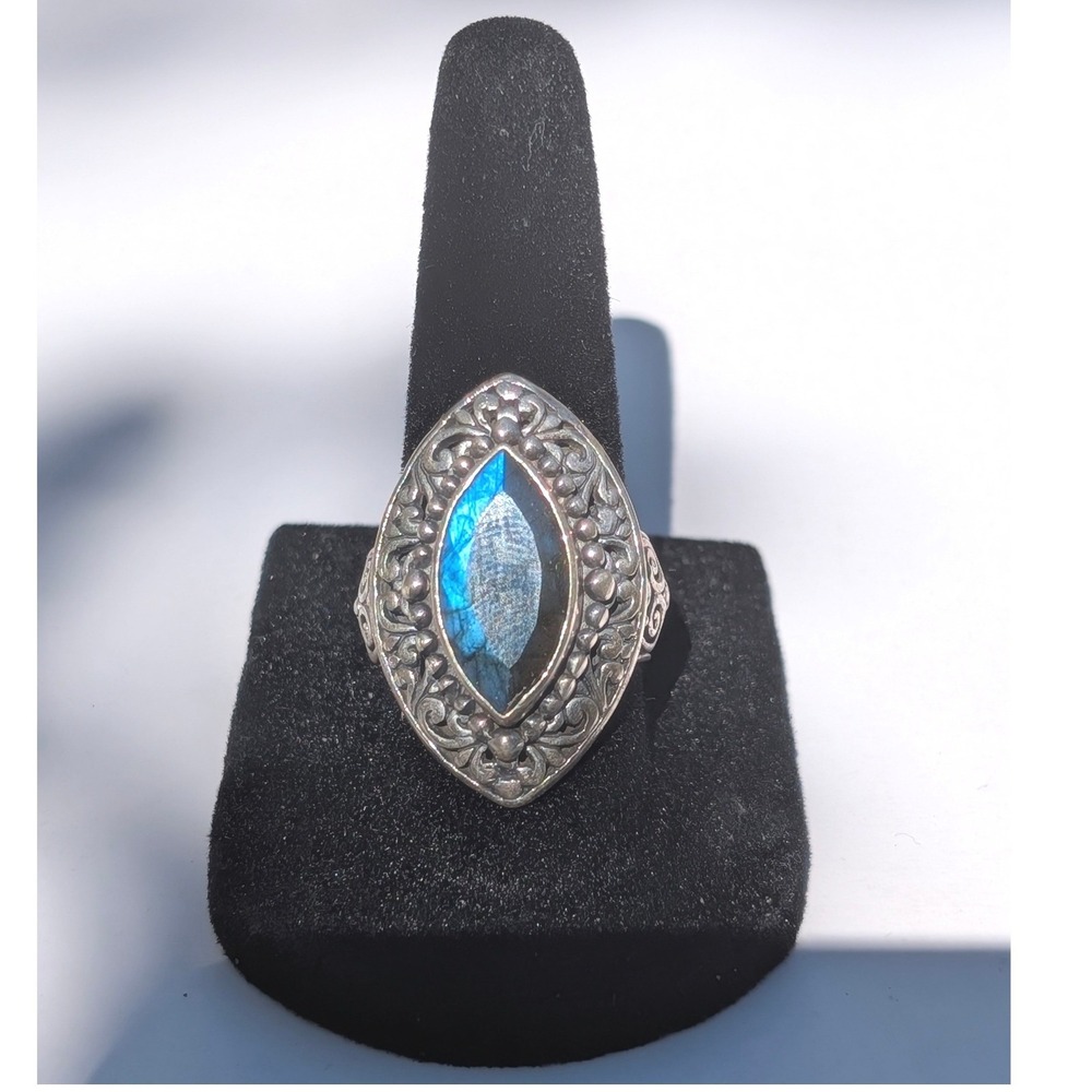 Sarda Bali Sterling Silver Labradorite Marquise Statement‎ Ring Size 8 Filigree